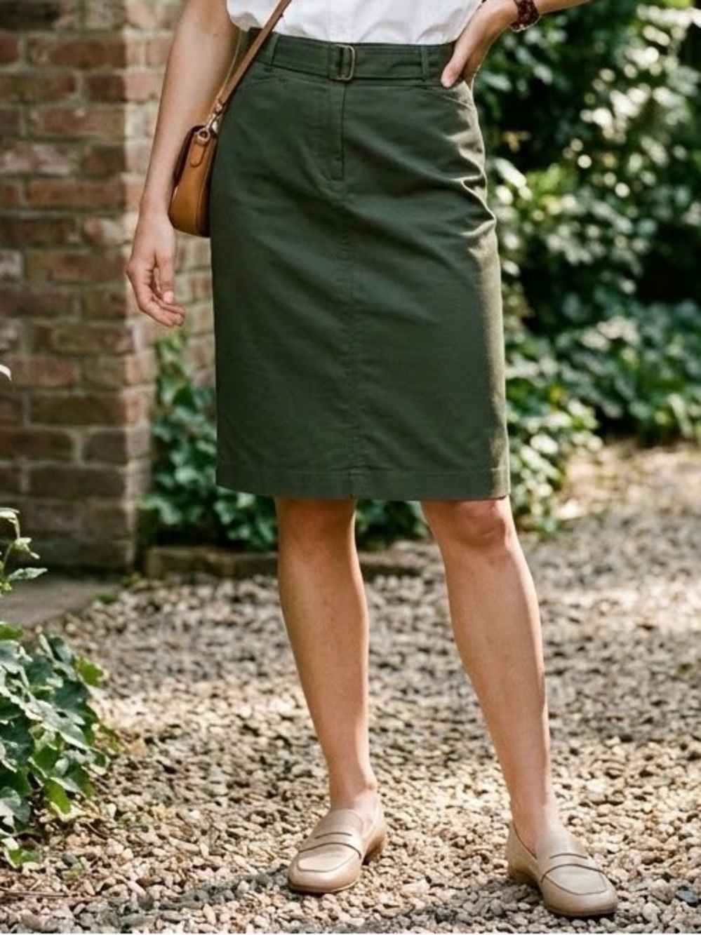 NEW Size 8P Liz Claiborne Career Olive Green Belted Linen Straight Pencil Skirt